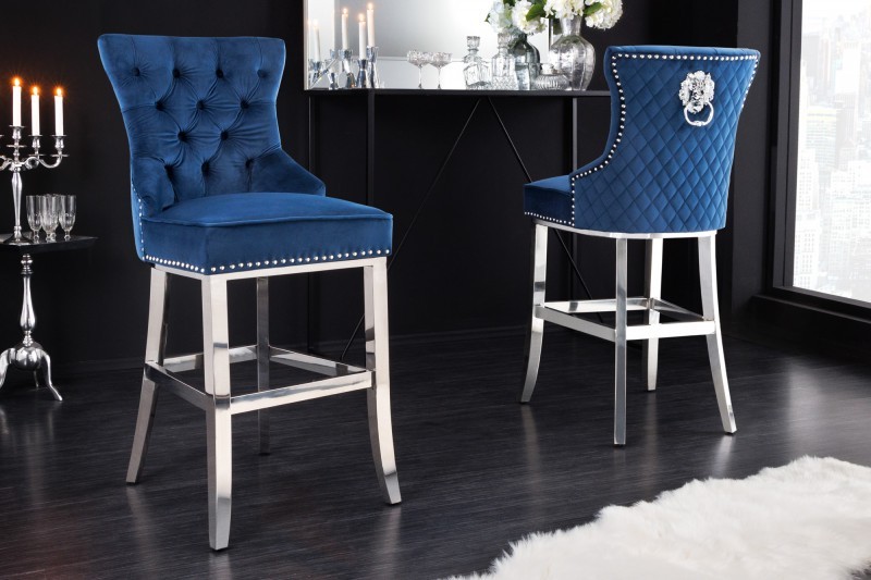 Levně Estila Sametová barokní barová židle Modern Barock v tmavě modré barvě na nerezových nožičkách 116cm