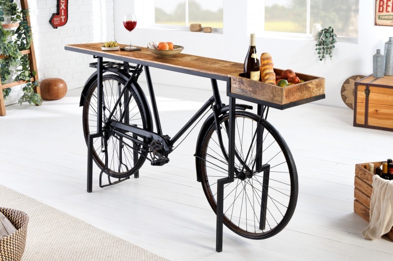 Levně Estila Industriální designový barový pult Bicycle s masivní deskou a černou podstavou s koly 194cm