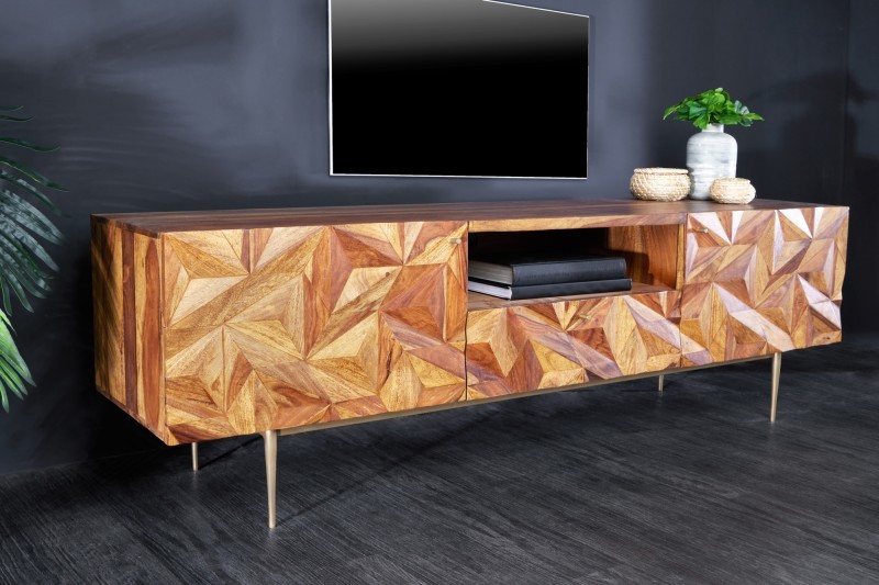 Estila Art deco masivní TV stolek Sovoy z palisandrového dřeva přírodní hnědé barvy se zlatými nožičkami 160cm