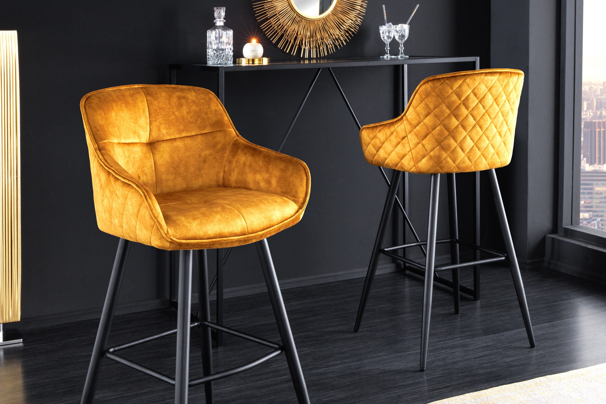 Levně Estila Designová industriální barová židle Rufus se žlutým čalouněním a černou konstrukcí z kovu 100cm