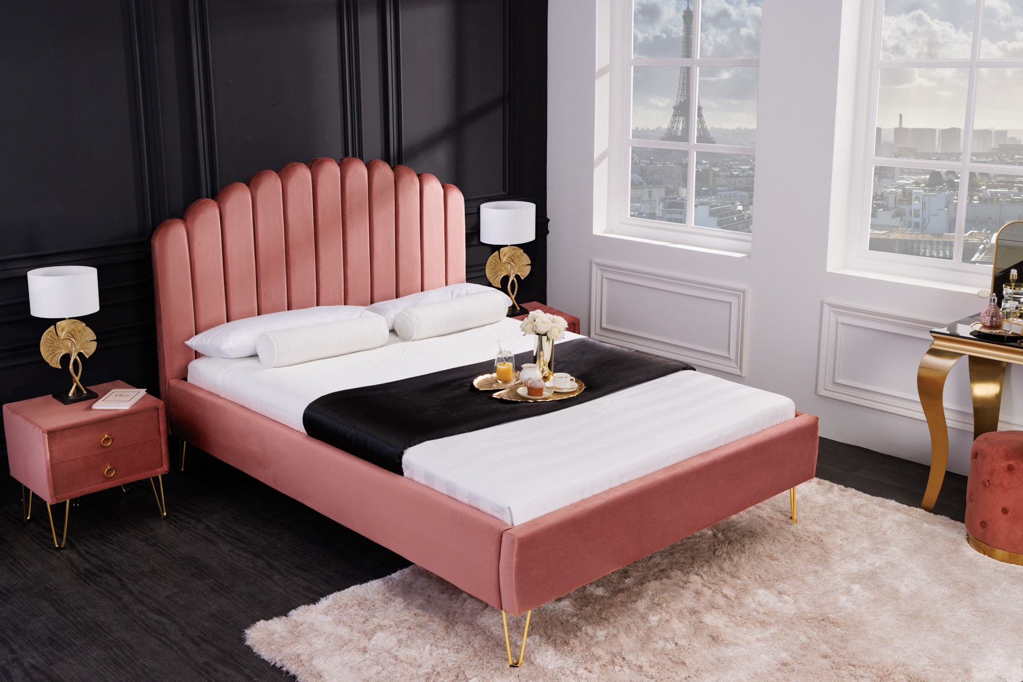 Estila Art deco designová manželská postel Bentley s lososovotužovým sametovým čalouněním 140x200