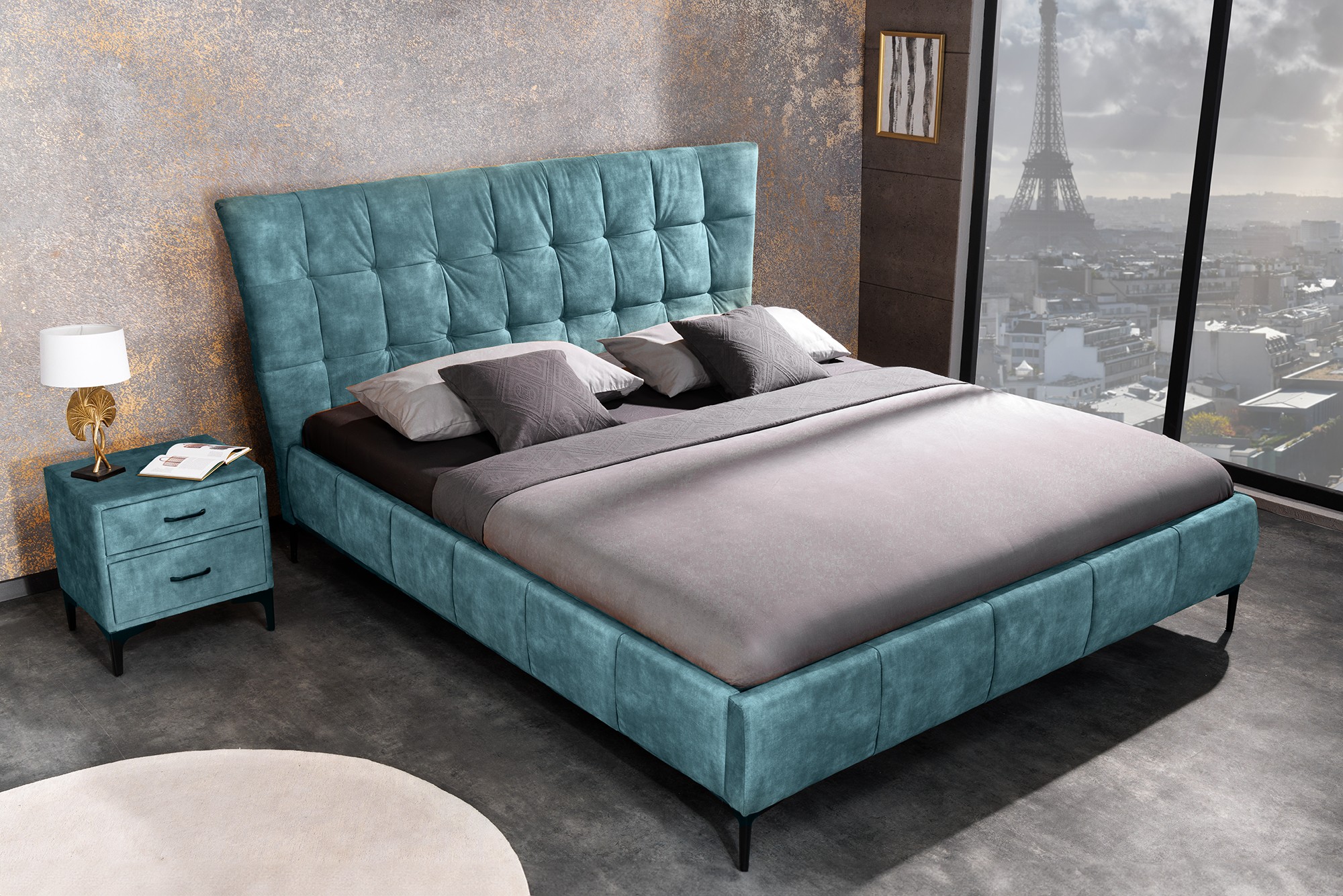 Levně Estila Designová chesterfield manželská postel Velouria petrolejové modré barvy s prošívaným čelem 160x200cm
