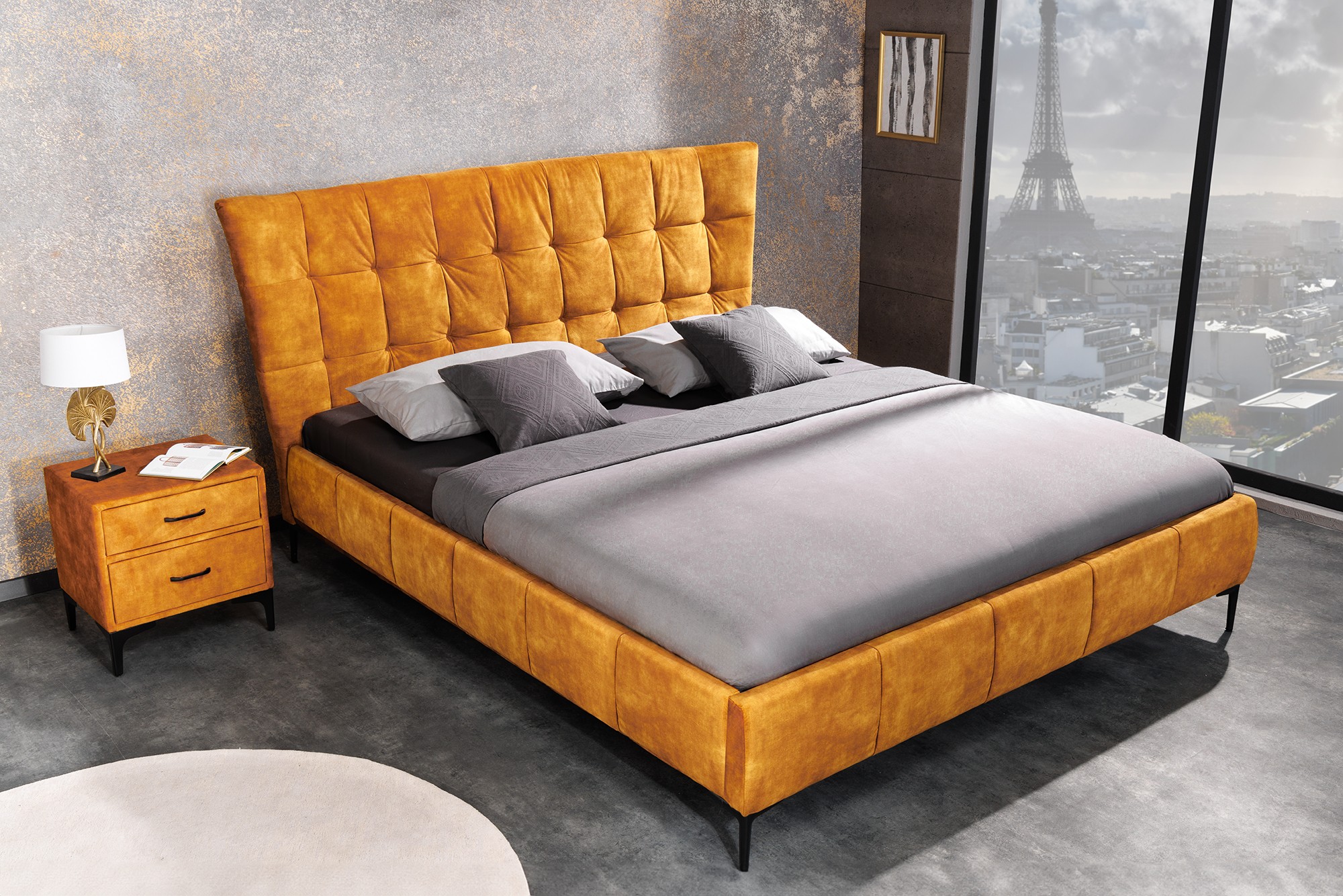 Levně Estila Designová manželská manželská postel Velouria s hořčivě žlutým sametovým čalouněním 160x200