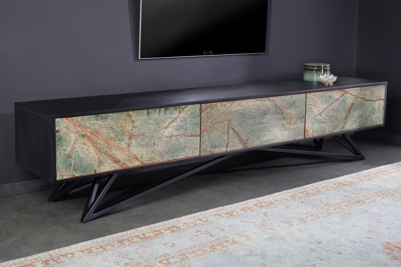 Levně Estila Designový masivní TV stolek Elentia černé barvy s kamennými dvířky 200cm