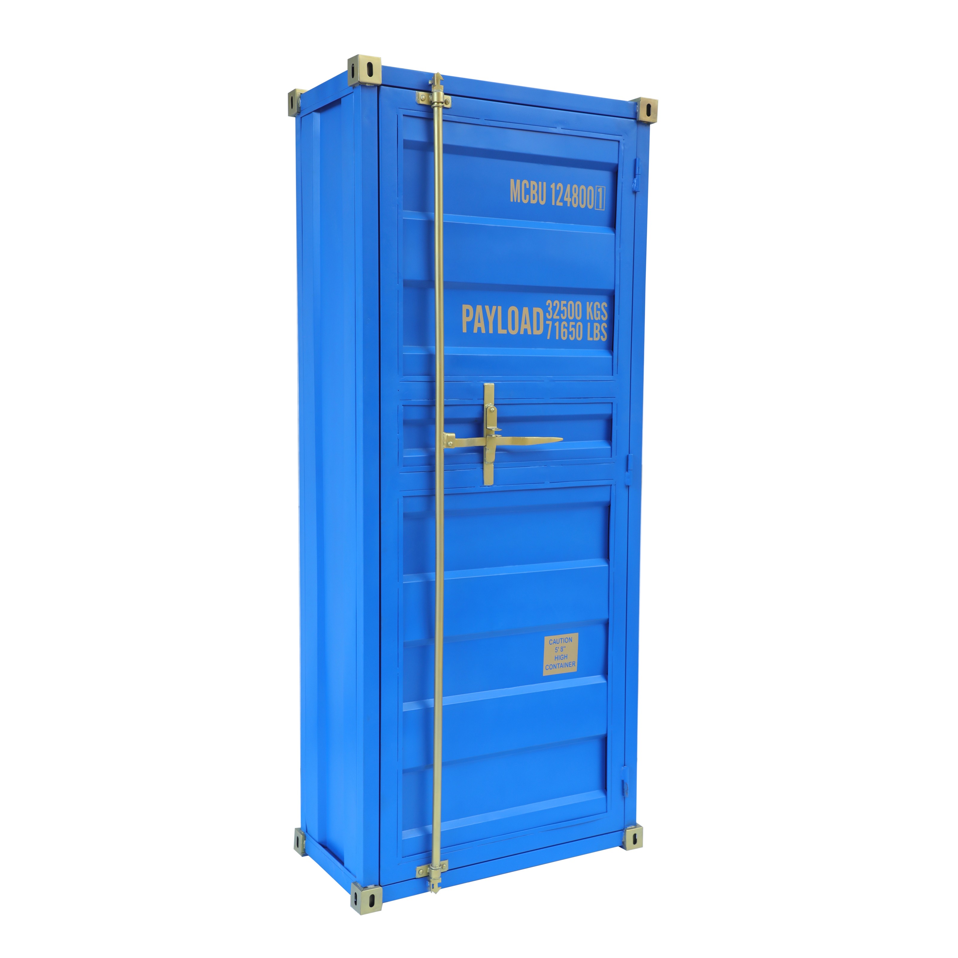 Levně Estila Industiální barová skříňka Perez s designem přepravního kontejneru z masivního dřeva modré barvy 180cm