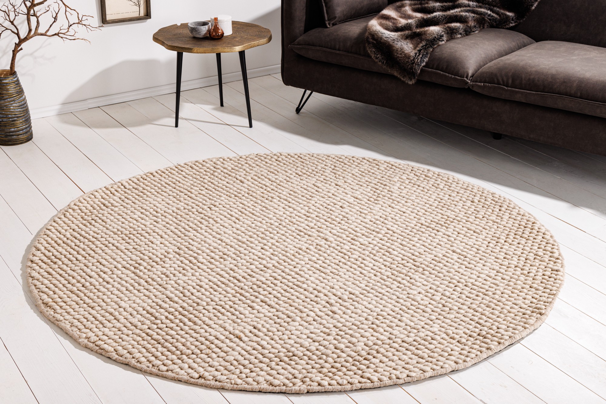 Estila Designový ručně tkaný kulatý koberec Ola Natura s vlnou béžová 150 cm