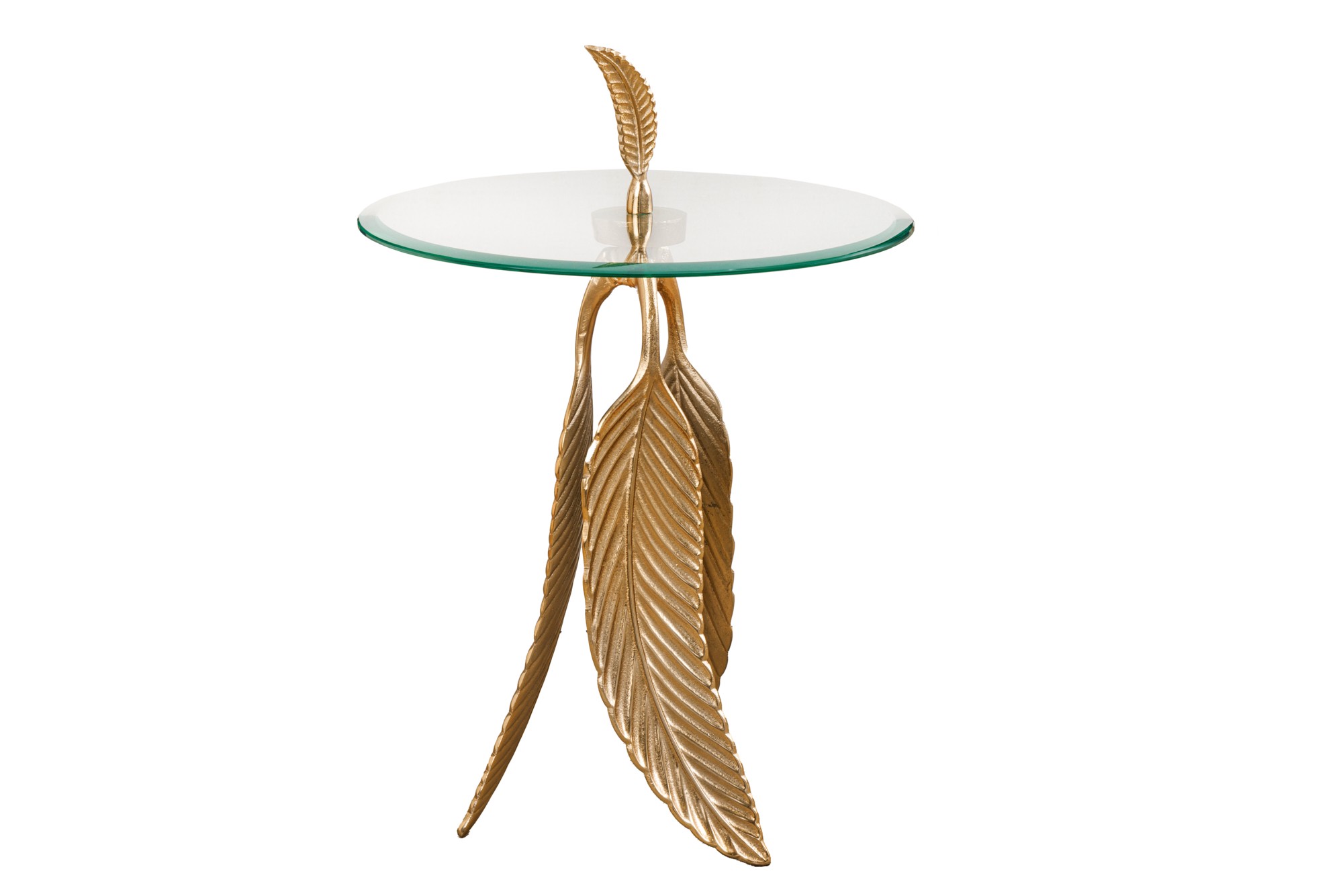 Levně Estila Art-deco kulatý příruční stolek Pluma se skleněnou vrchní deskou a podstavou s designem pírek ve zlaté barvě 45 cm