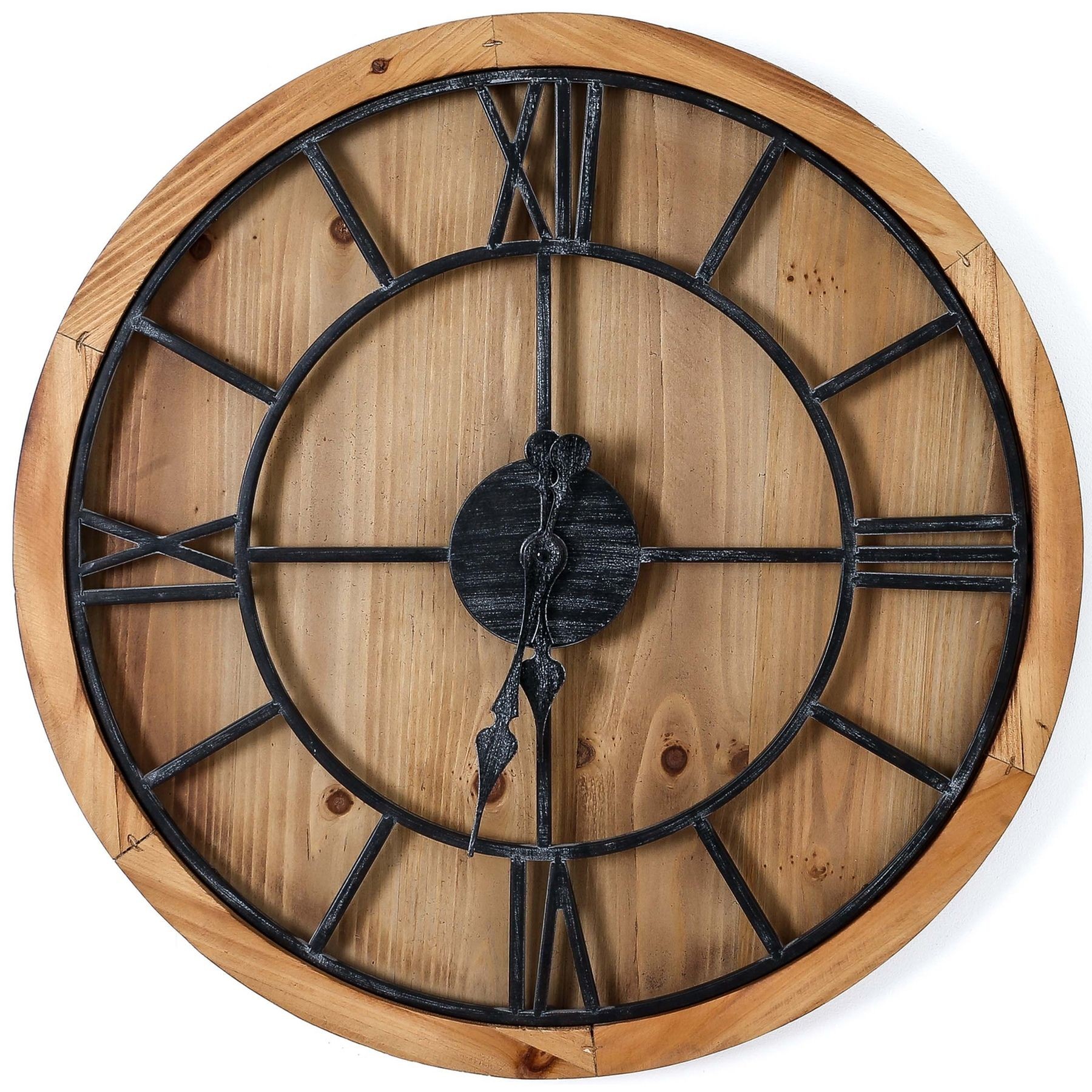 Levně Estila Industriální stylové kulaté nástěnné hodiny Kingscross na masivní dřevěné desce 60cm