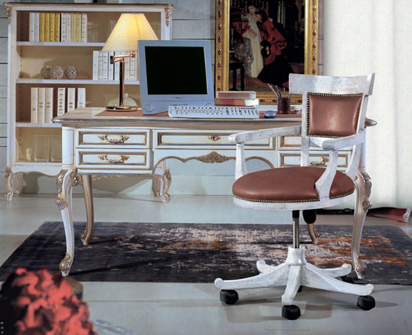 Levně Estila Luxusní rustikální pracovní židle Leslie na kolečkách s koženým opěradlem a sedákem 87 cm