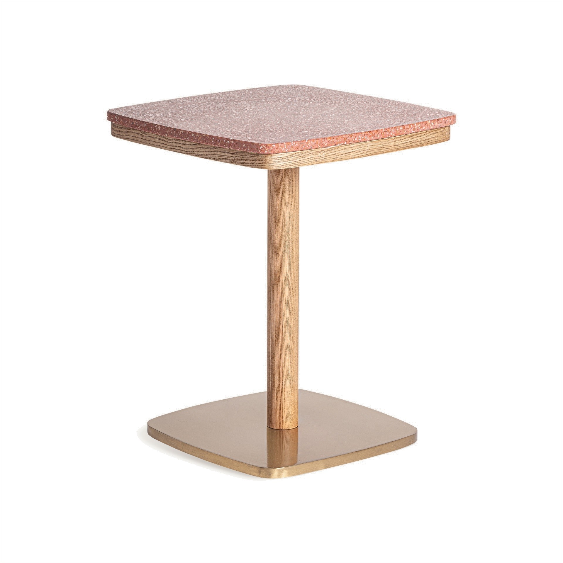 Estila Luxusní Art-deco čtvercový barový stůl Caya s cihlovou terrazzo povrchovou deskou a podstavou z dubového masivu 65cm