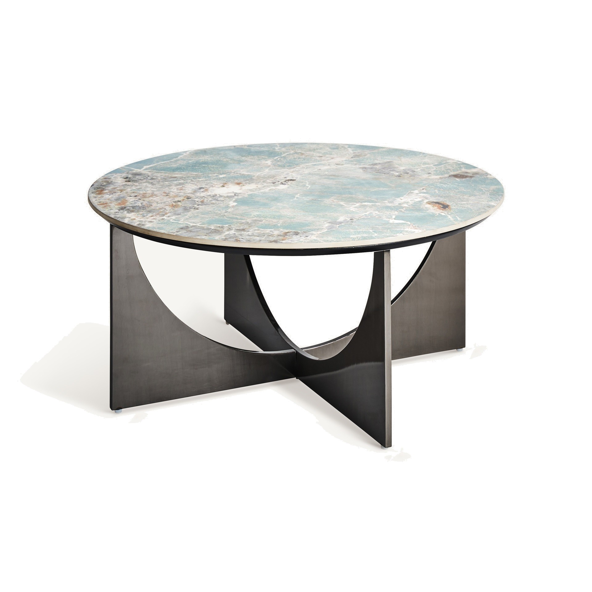 Levně Estila Luxusní kulatý konferenční stolek Costa Brava s mramorovou deskou a designovými překříženými nožičkami modrá černá 90 cm