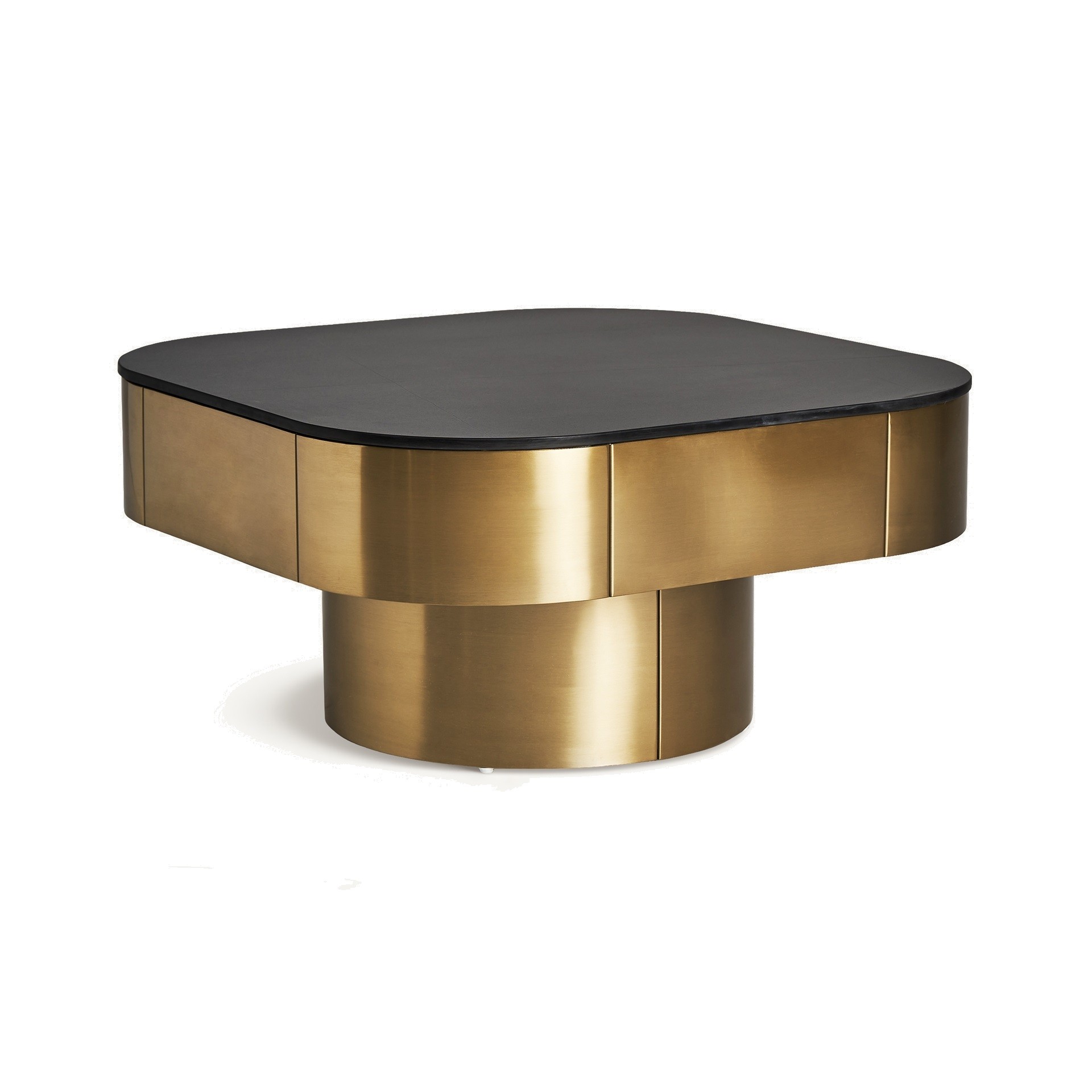 Levně Estila Luxusní glamour čtvercový konferenční stolek Jackson s jednou nohou s mramorovou deskou se zaoblenými rohy černá zlatá 100 cm