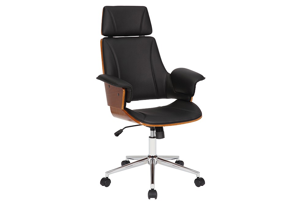Levně Estila Designová kožená otočná kancelářská židle Madison s dřevěnými prvky na kolečkách hnědá černá 64 cm