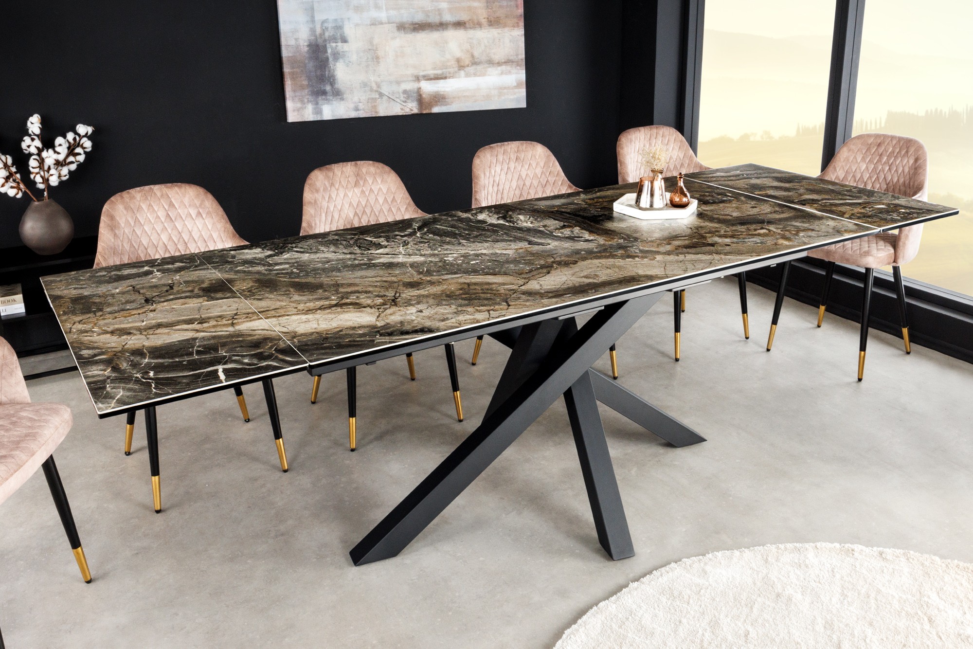 Estila Rozkládací obdélníkový jídelní stůl Ceramia s vrchní deskou s mramorovým designem a překříženýma nohama černá hnědá 180 cm