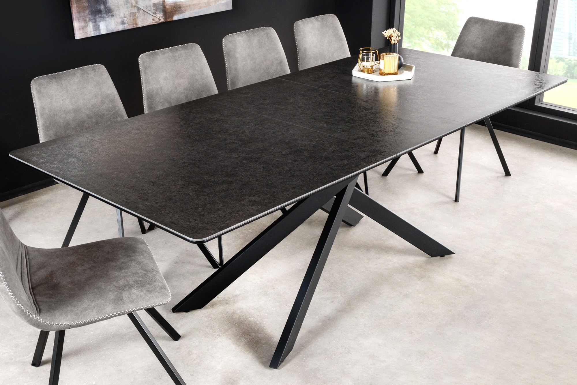 Levně Estila Moderní rozkládací obdélníkový jídelní stůl Tramontana s překříženými nožičkami a antracitovou černou vrchní deskou 160 cm