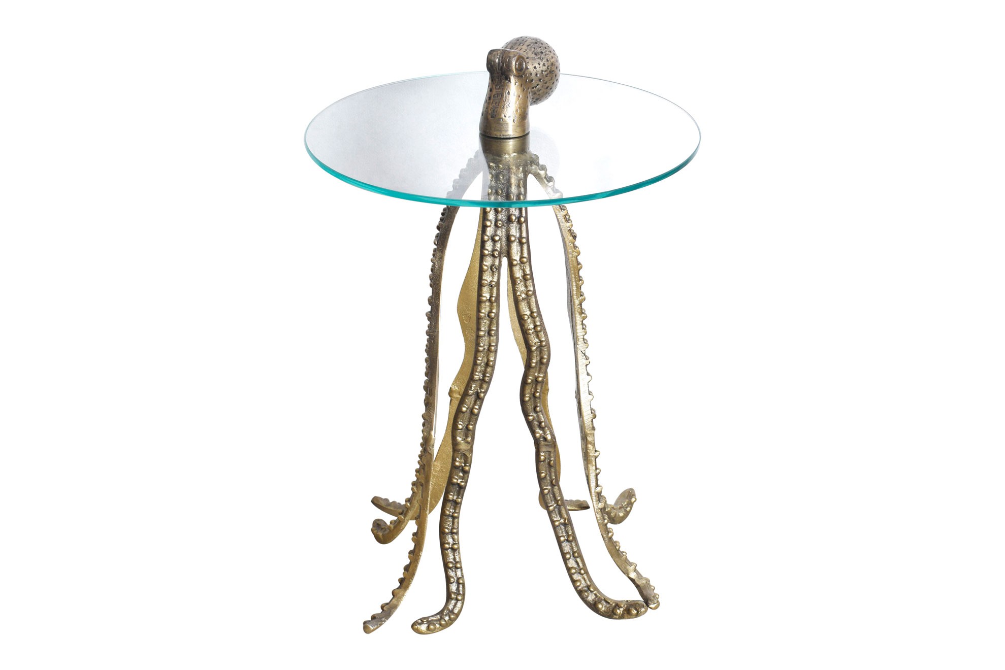 Levně Estila Designový kulatý příruční stolek Polbitta s podstavou ve tvaru chobotnice ve zlaté barvě a skleněnou vrchní deskou 67 cm