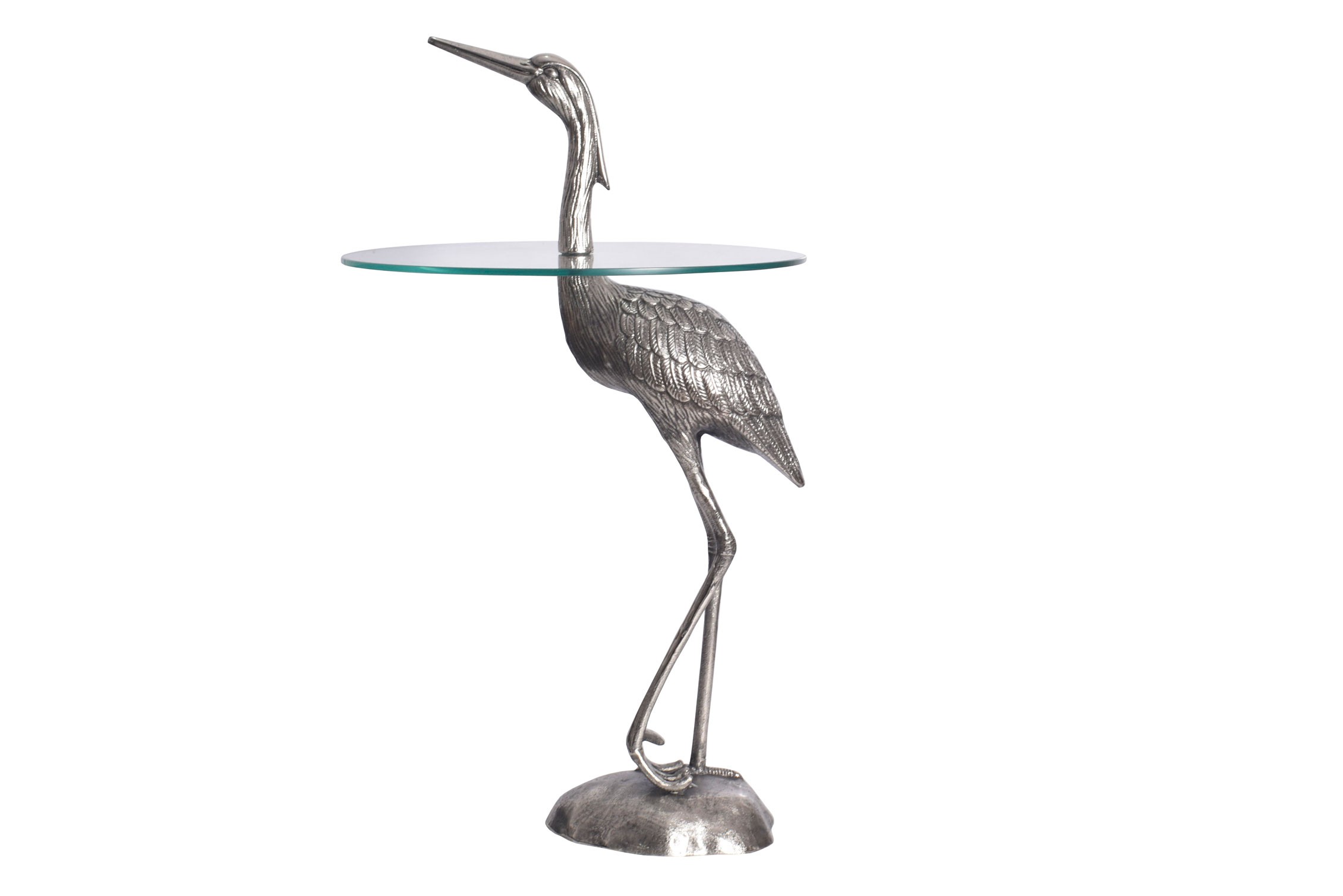 Levně Estila Designový kulatý příruční stolek Ardea se skulpturální podstavou ve tvaru volavky ve stříbrné barvě 88 cm