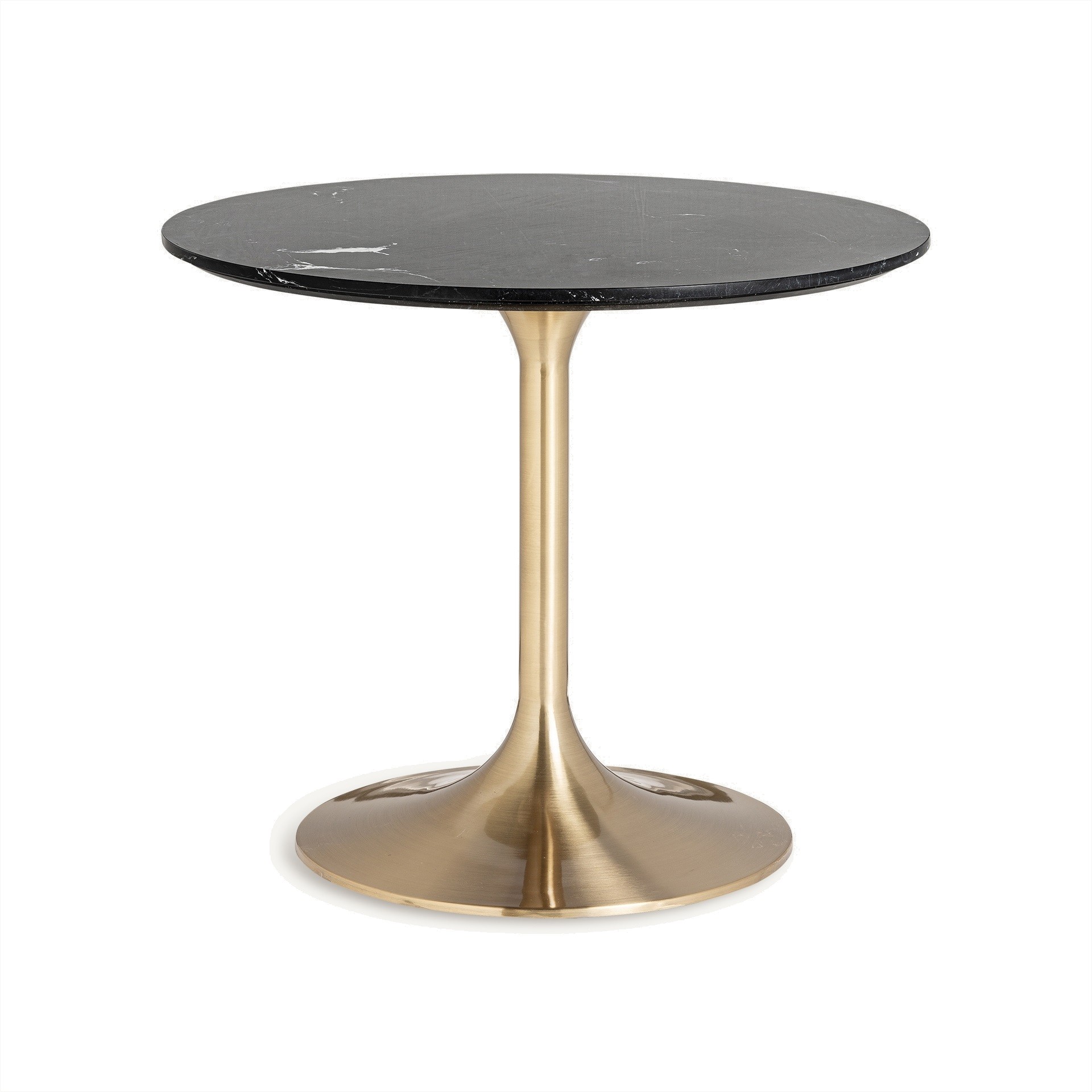Estila Luxusní art deco kulatý jídelní stůl Brilon s černou vrchní deskou s mramorovým designem a zlatou nohou 90 cm