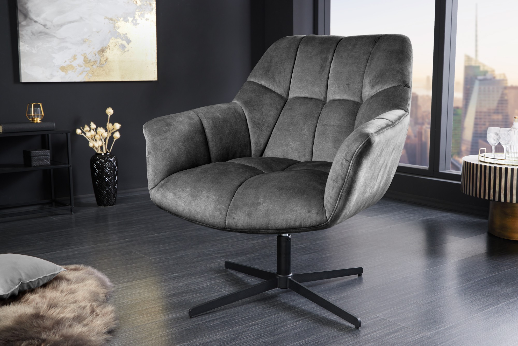 Levně Estila Designová otočná výškově nastavitelná židle Mariposa v šedé barvě s čalouněným potahem 89 cm