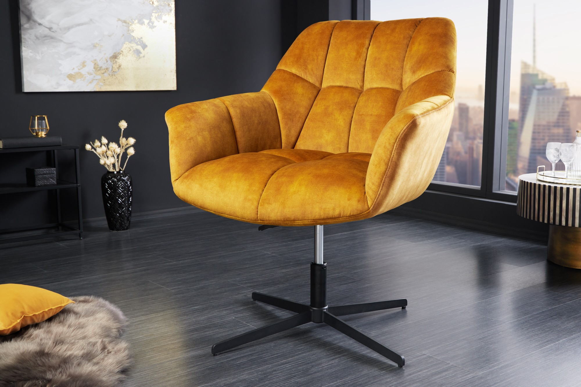Levně Estila Designová otočná židle Mariposa s výškově nastavitelnou nohou v černé barvě as čalouněním v hořčičné barvě 89 cm
