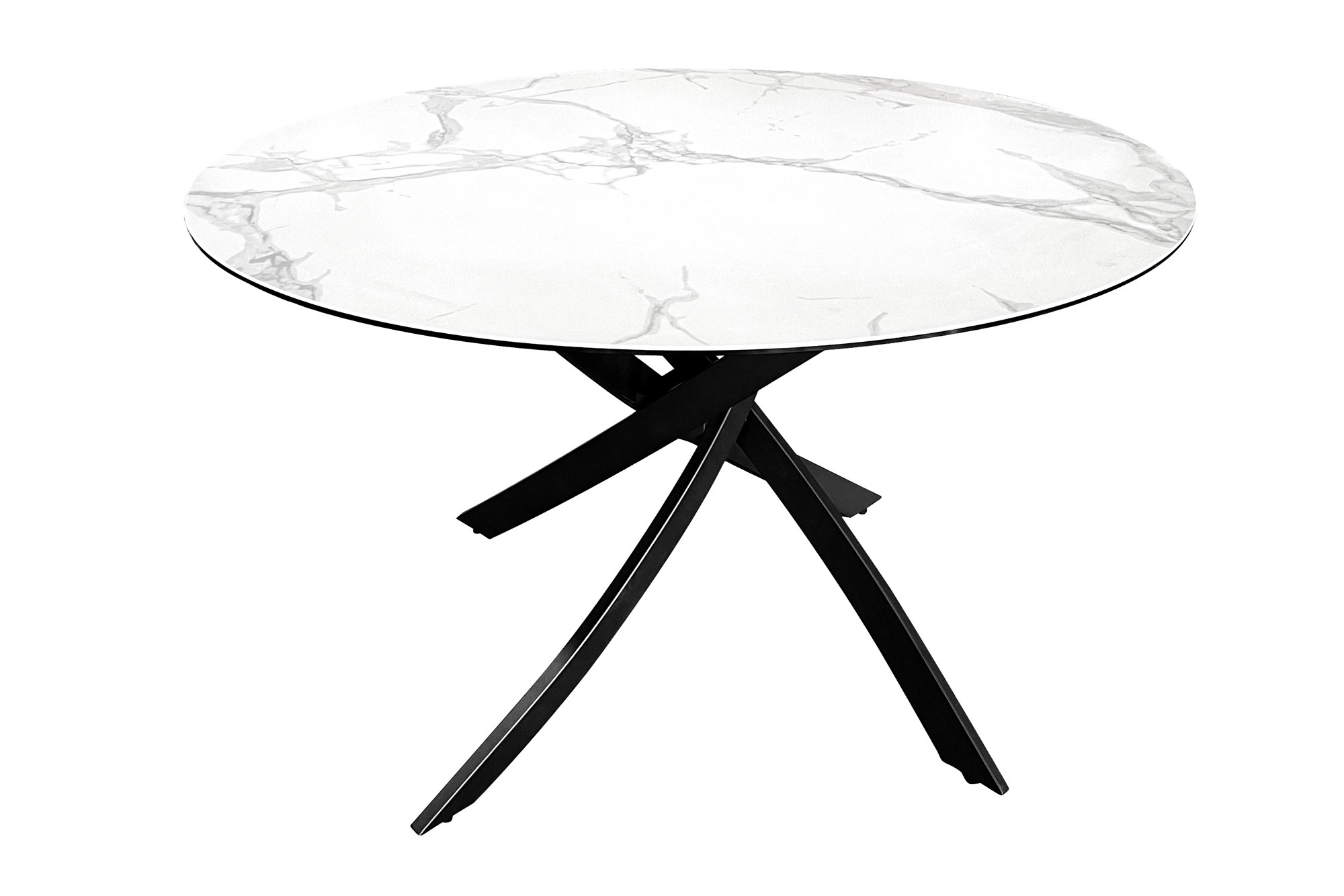 Estila Moderní kulatý jídelní stůl Valldemossa s bílou vrchní deskou s mramorovým designem a překříženýma nohama 120 cm