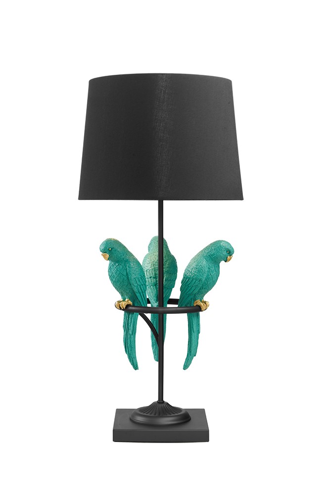 Levně Estila Designová stolní lampa Macaw v černé barvě se třemi tyrkysovými figurami papoušků 75 cm