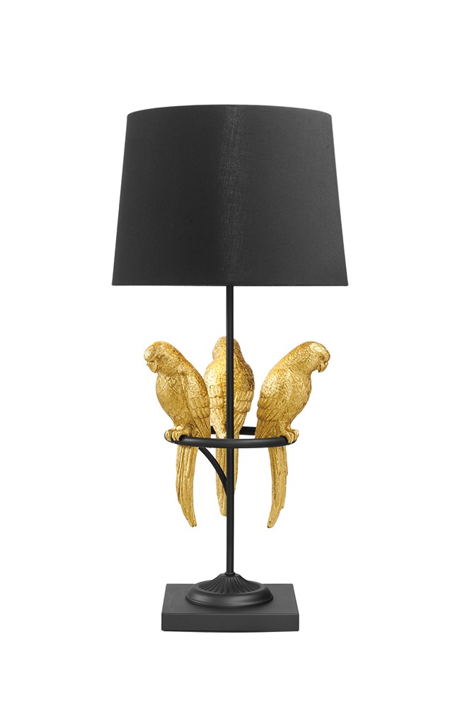 Levně Estila Designová černá art deco stolní lampa Macaw se třemi figurami papoušků ve zlaté barvě 75 cm