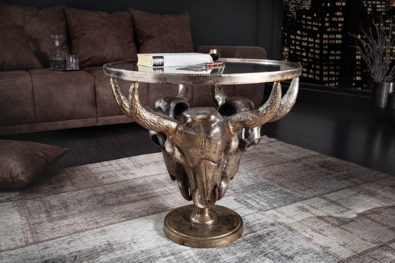 Estila Industriální konferenční stolek s motivem býčích hlav bronzový 56cm