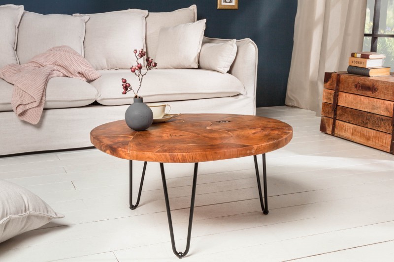 Estila Industriální kulatý konferenční stolek Murrieta 70cm z teakového dřeva