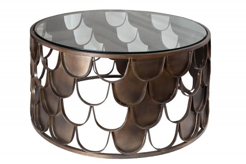 Estila Art-deco bronzový kruhový konferenční stolek Escama se vzorem rybích šupin a skleněnou deskou 70cm