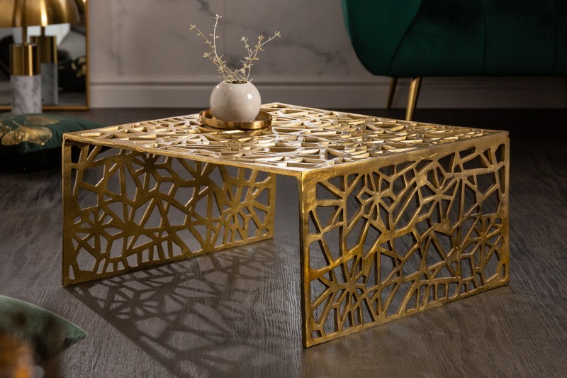 Estila Art-deco čtvercový konferenční stolek Hoja ve zlaté barvě z kovu 60cm