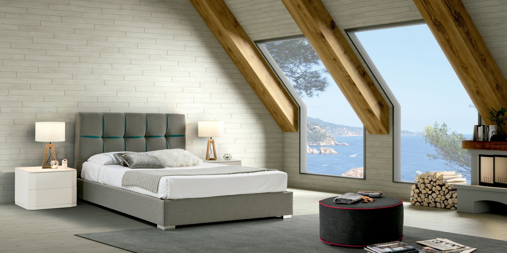 Estila Dizajnová manželská postel Veronica s šedým čalouněním s geometrickým vzorem 140-180cm