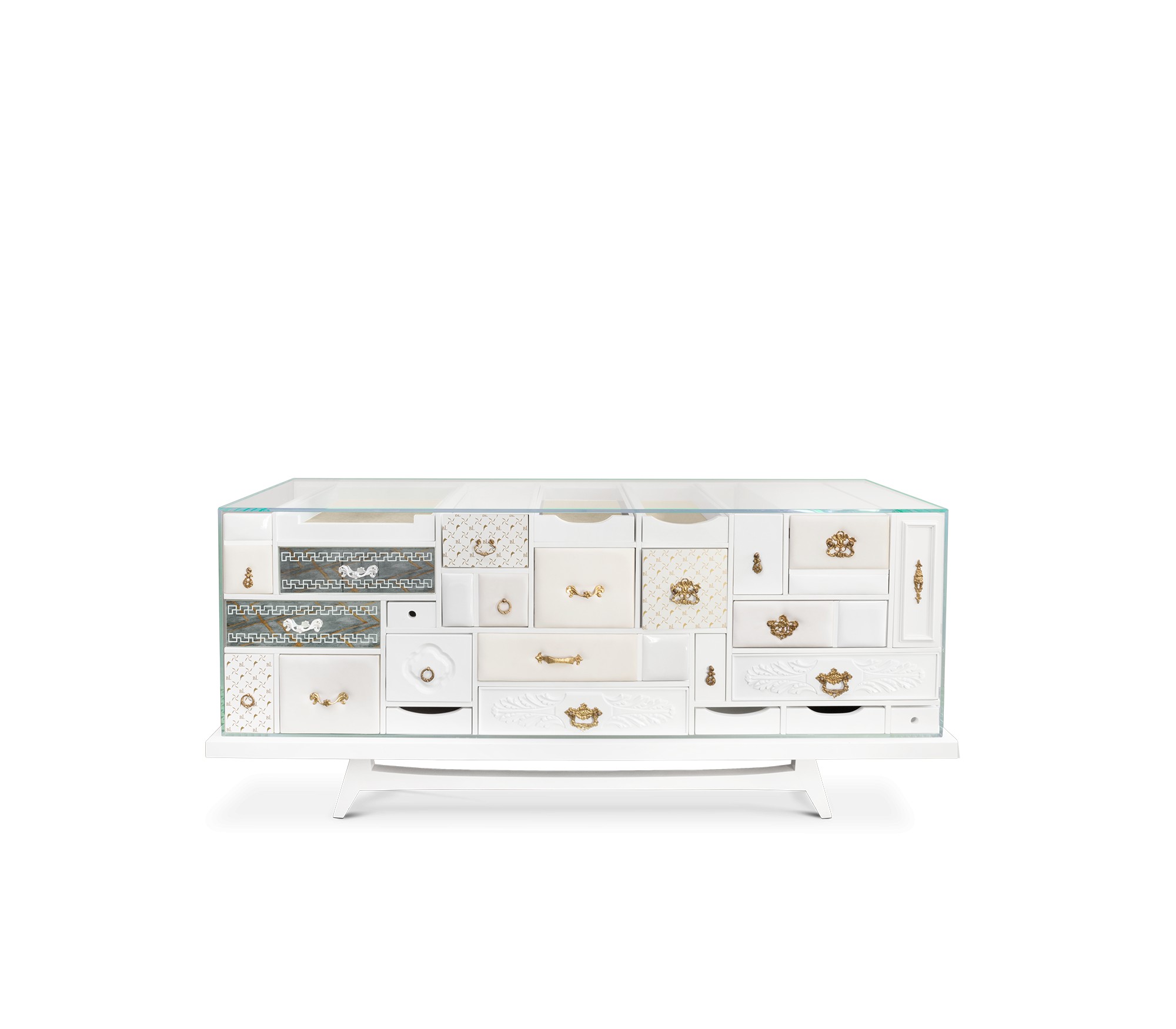 Estila Luxusní bílá masivní komoda Mondrian v prestižním provedení s designovými zásuvkami 186cm