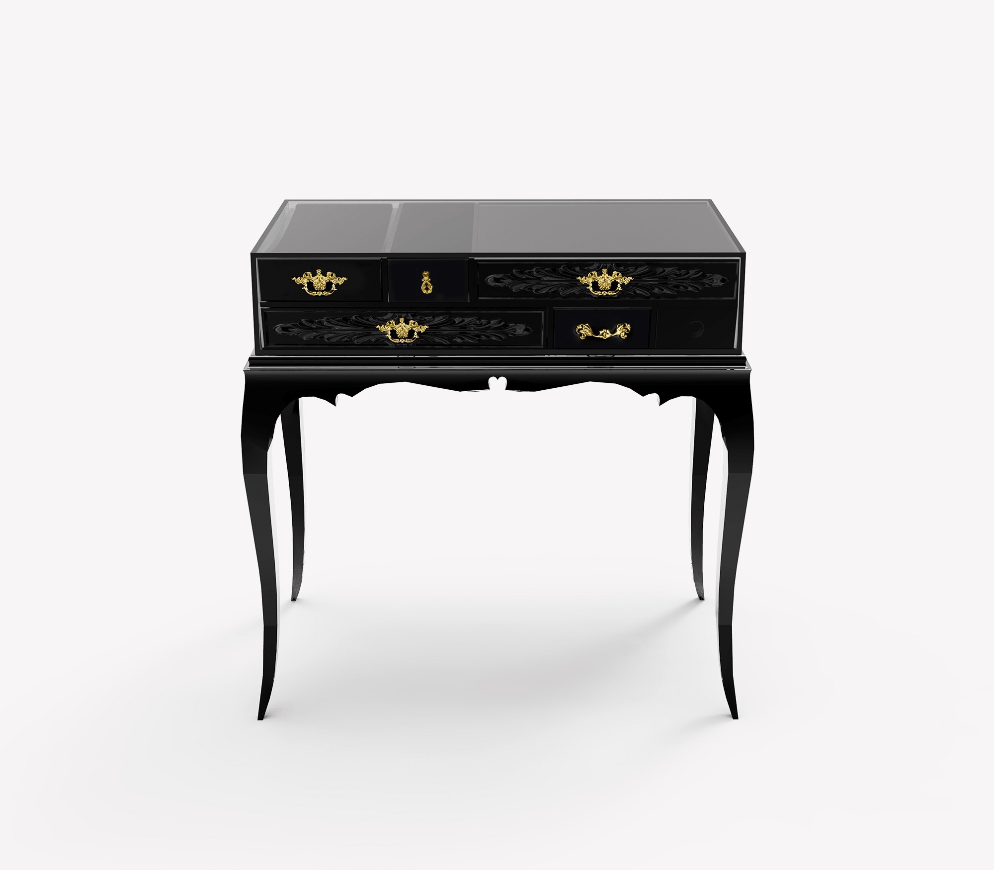 Estila Luxusní černý noční stolek Mondrian z lakovaného masivního dřeva a černého skla se zlatými detaily a klasickými prvky 63 cm