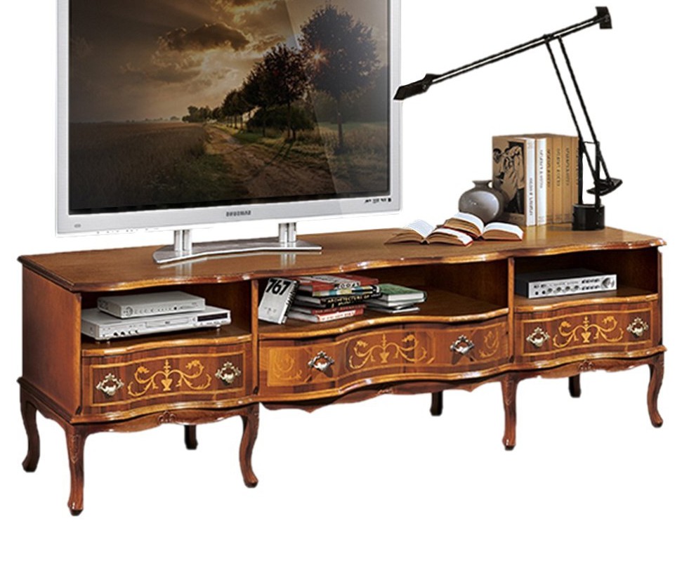 Estila Luxusní rustikální masivní vyřezávaný TV stolek Clasica se třemi zásuvkami a třemi poličkami 192cm
