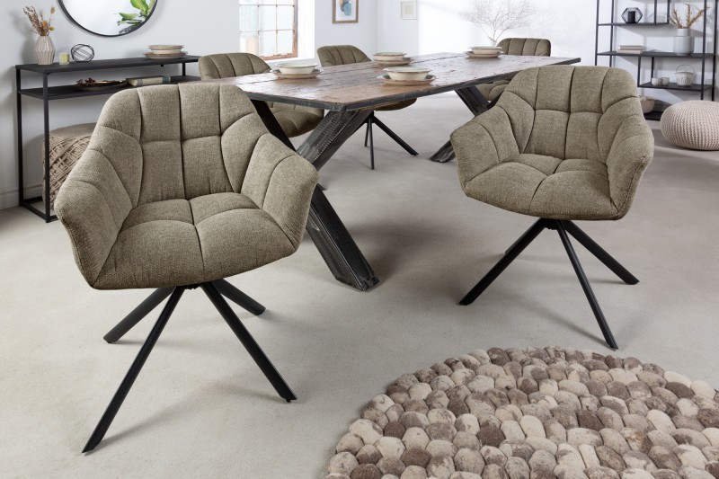 Estila Designová otočná retro židle do jídelny Mariposa s olivově zeleným čalouněním a černými kovovými nohami 83cm