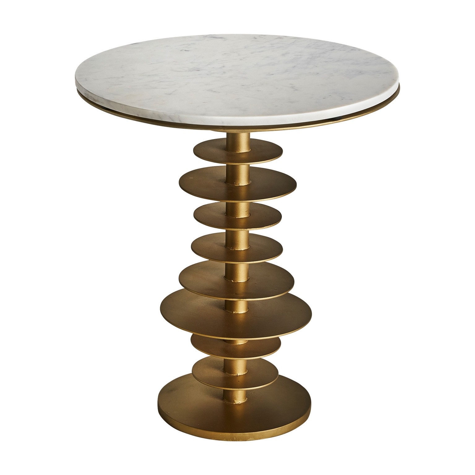Estila Stylový art-deco kulatý příruční stolek Amuny s mramorovou vrchní deskou a spirálovou kovovou podstavou zlaté barvy 58cm