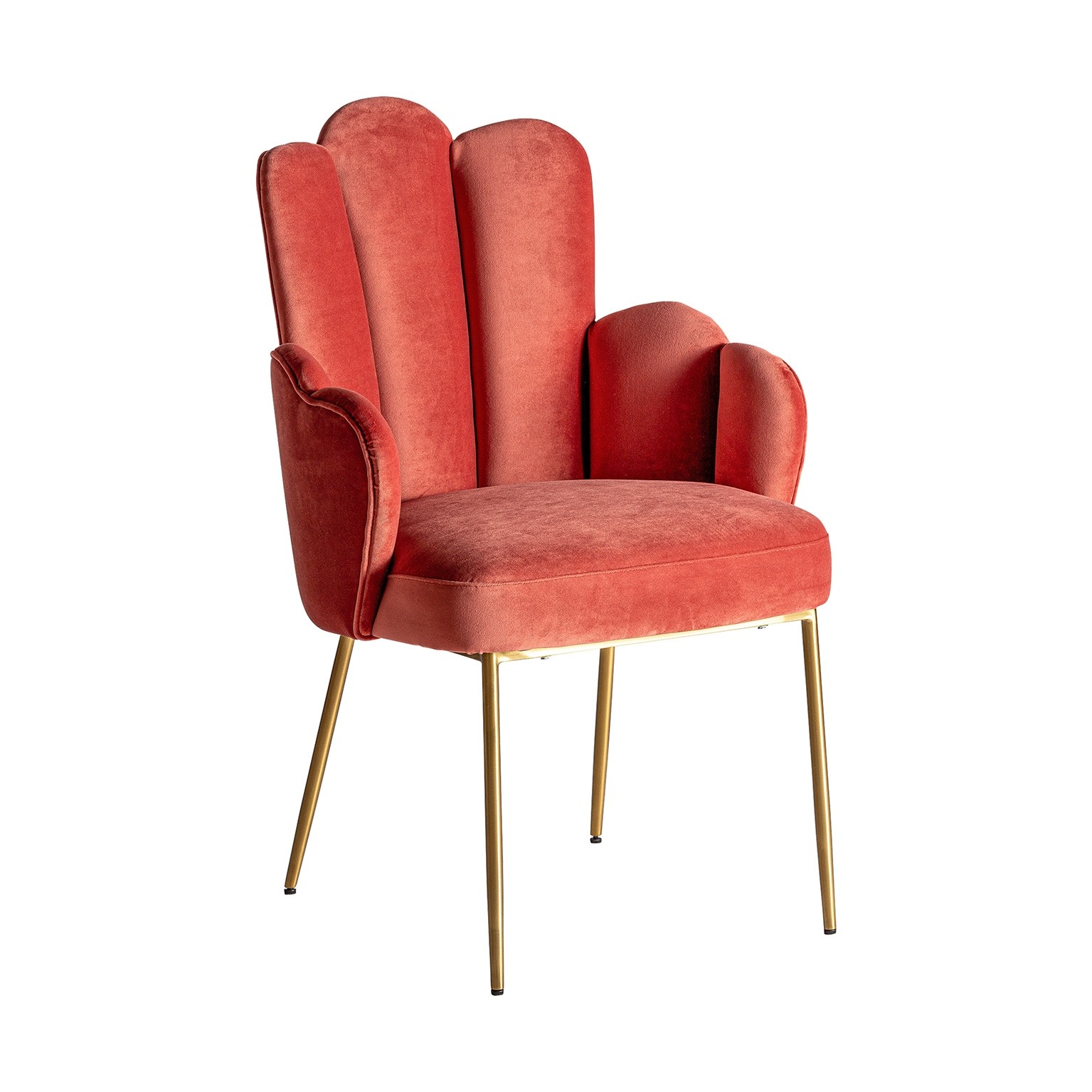 Estila Art-deco luxusní židle Silia lasturovitého tvaru se sametovým čalouněním korálové barvy a se zlatýma nohama
