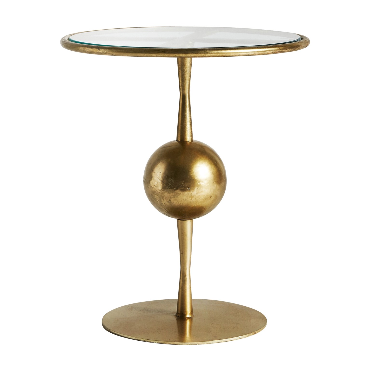Estila Art-deco designový kulatý příruční stolek Terrie do obývacího pokoje z kovu ve zlaté barvě se skleněnou povrchovou deskou 46cm