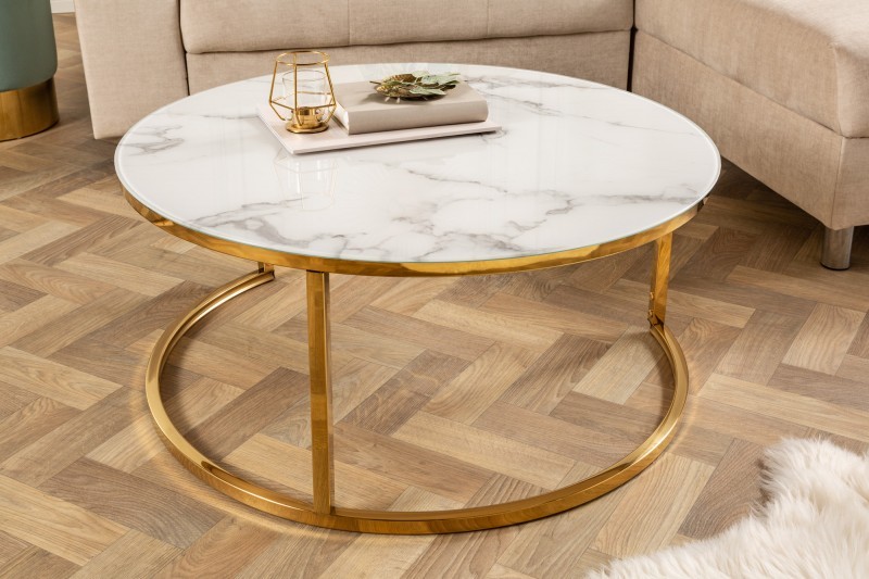 Estila Designový konferenční stolek Gold Marbleux s kulatou moderní vrchní deskou s mramorovým vzhledem a zlatou podstavou 80cm