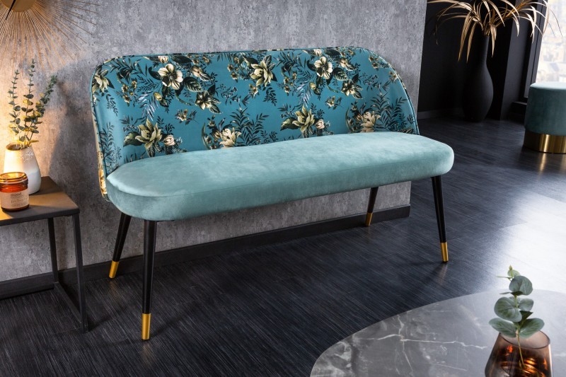 Estila Moderní art-deco lavice Floreque do předsíně s tyrkysovým sametovým čalouněním s florálním motivem 130cm