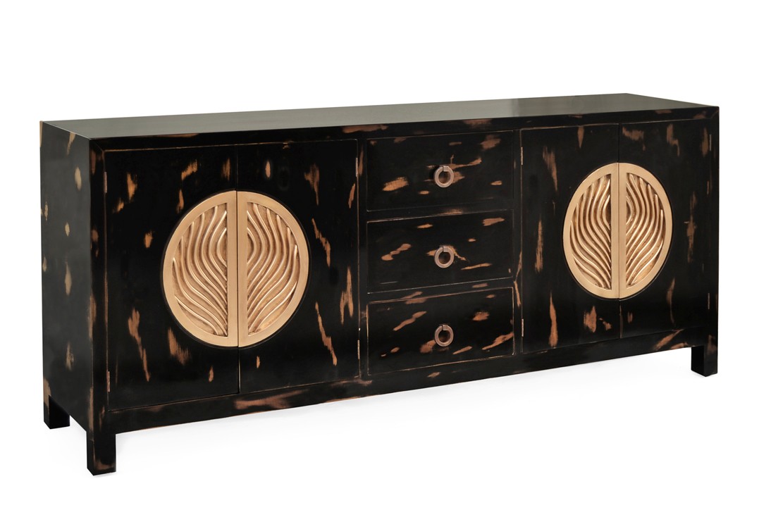 Estila Luxusní masivní komoda Arbola z mahagonového dřeva s černým nátěrem se zlatou patinou a masivními uměleckými úchyty 200cm