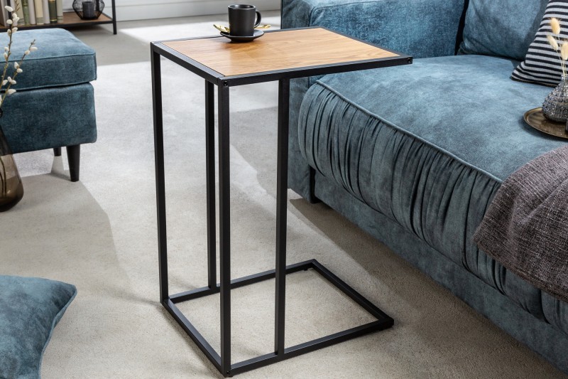 Estila Industriální příruční stolek Industria Natura s deskou ze dřeva s dubovou dýhou a černou podstavou kovu bledě hnědý 63cm