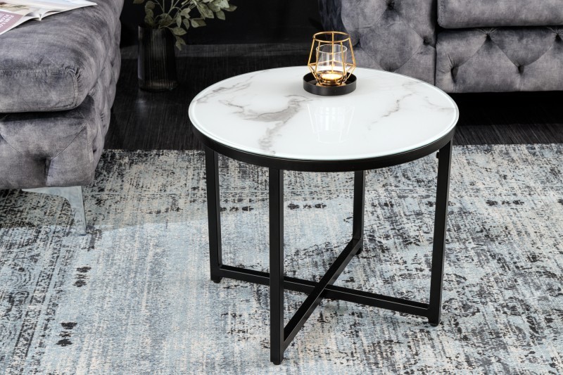 Estila Moderní kulatý příruční stolek Industria Marbleux s deskou v provedení bílý mramor a černou kovovou podstavou 50cm