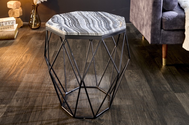 Estila Moderní příruční stolek Diamond Marble s mramorovou vrchní deskou a černou kovovou podstavou 50cm