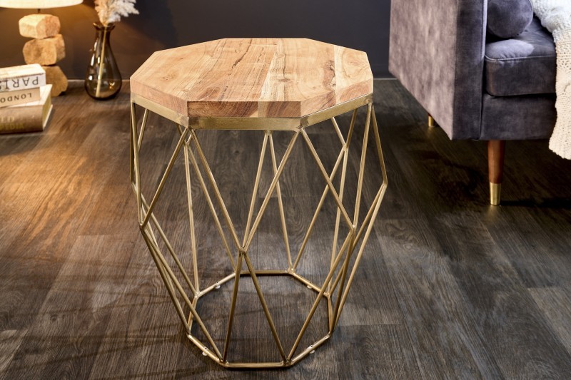 Estila Designový konferenční stolek Solid Diamond z masivu v moderním stylu s kovovou podstavou ve zlaté barvě hnědý 50cm