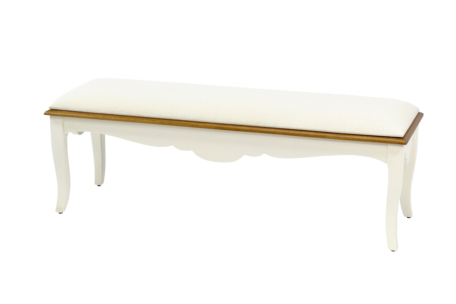 Estila Provence krémově bílá lavice Antibes s přírodně hnědým rámem a masivními zaoblenými nožičkami 130cm