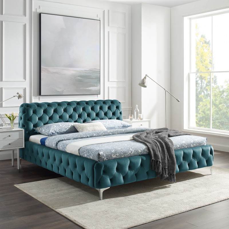 Estila Luxusní chesterfield manželská postel Modern Barock v tyrkysové barvě se stříbrnými nožičkami 180x200cm