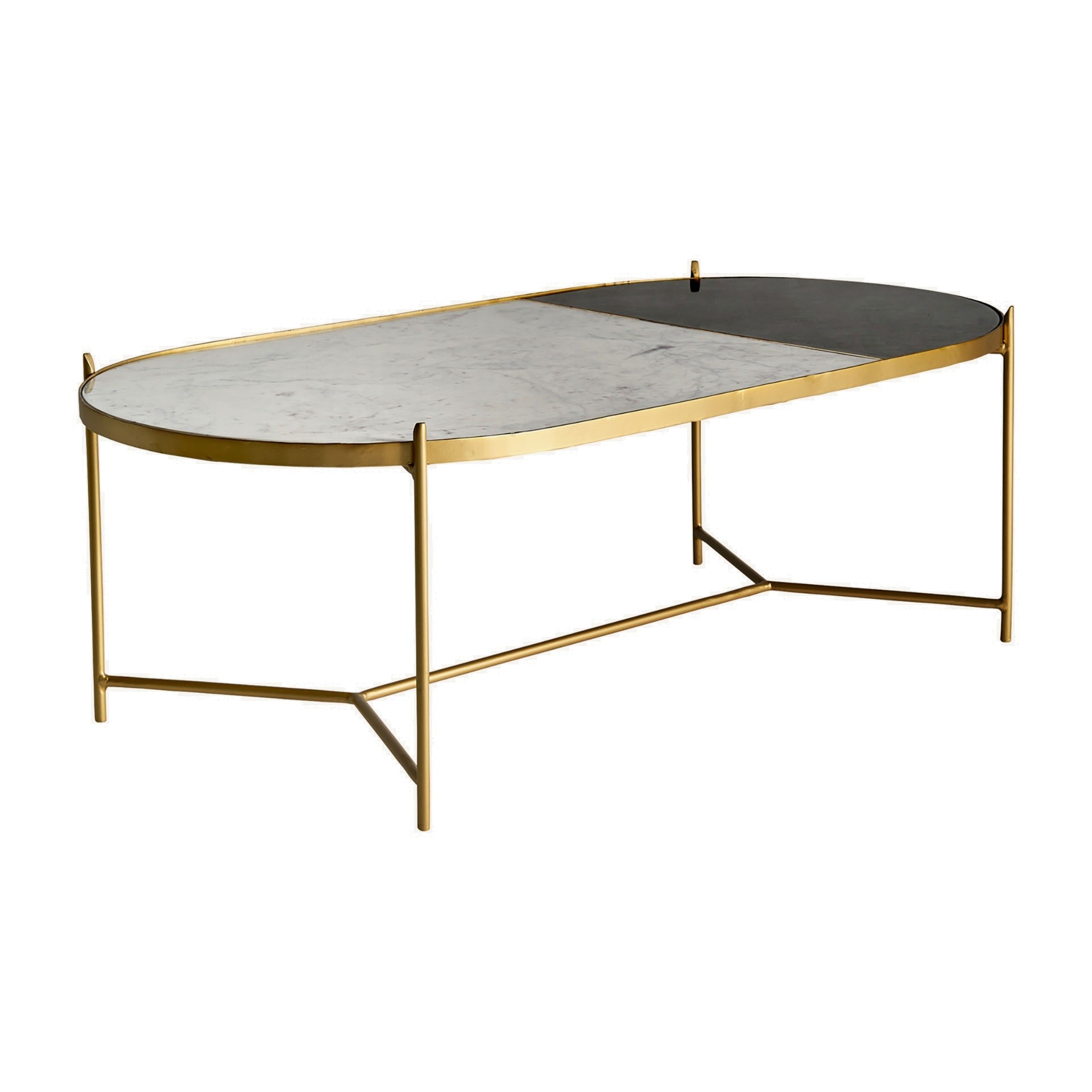 Estila Mramorový konferenční stolek Amuny ve stylu art deco se železnou podstavou ve zlaté barvě oválný černo-bílý 120cm