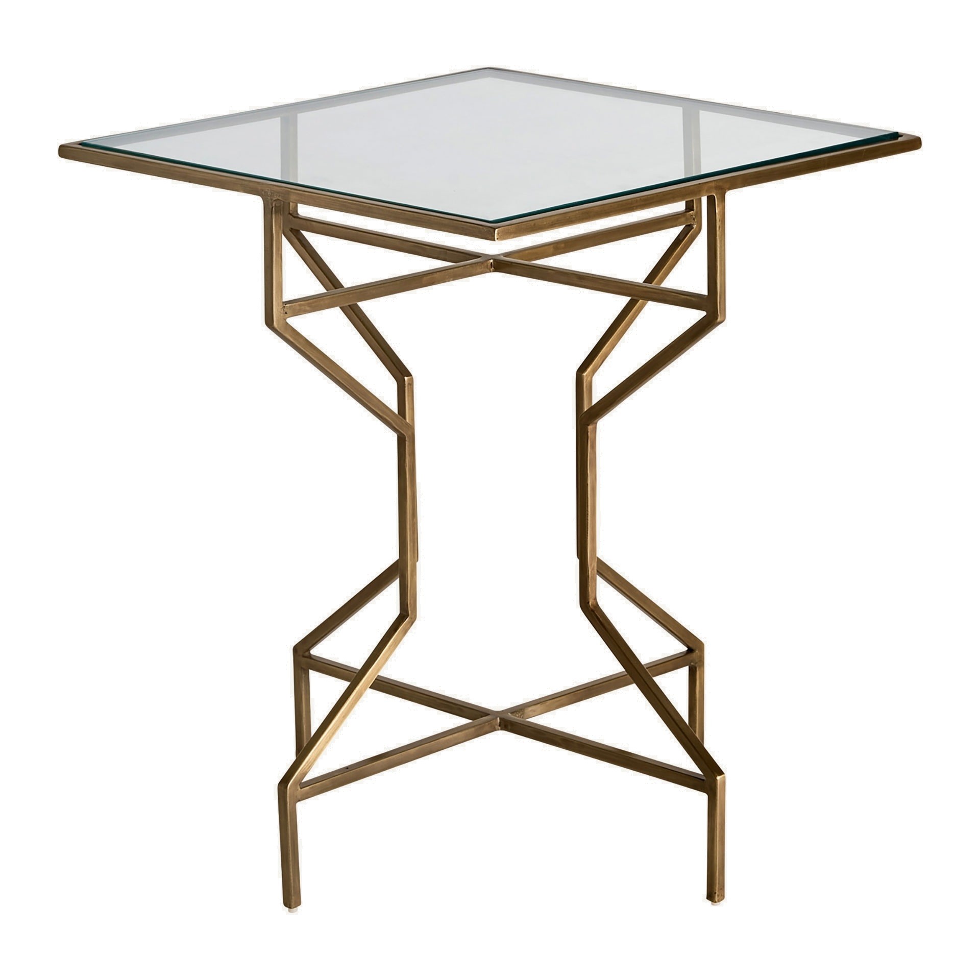 Estila Art-deco luxusní příruční stolek Amuny se železnou tvarovanou konstrukcí ve zlaté barvě a skleněnou deskou 60cm